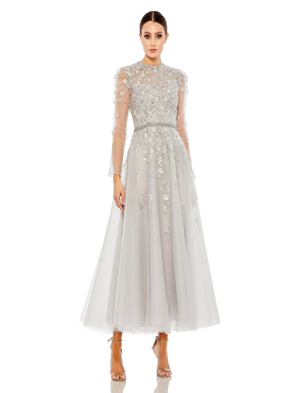 Mac Duggal 20444 Jewel Neck Long Sleeve Tea Length Dress Platinum $798 SZ 16&18